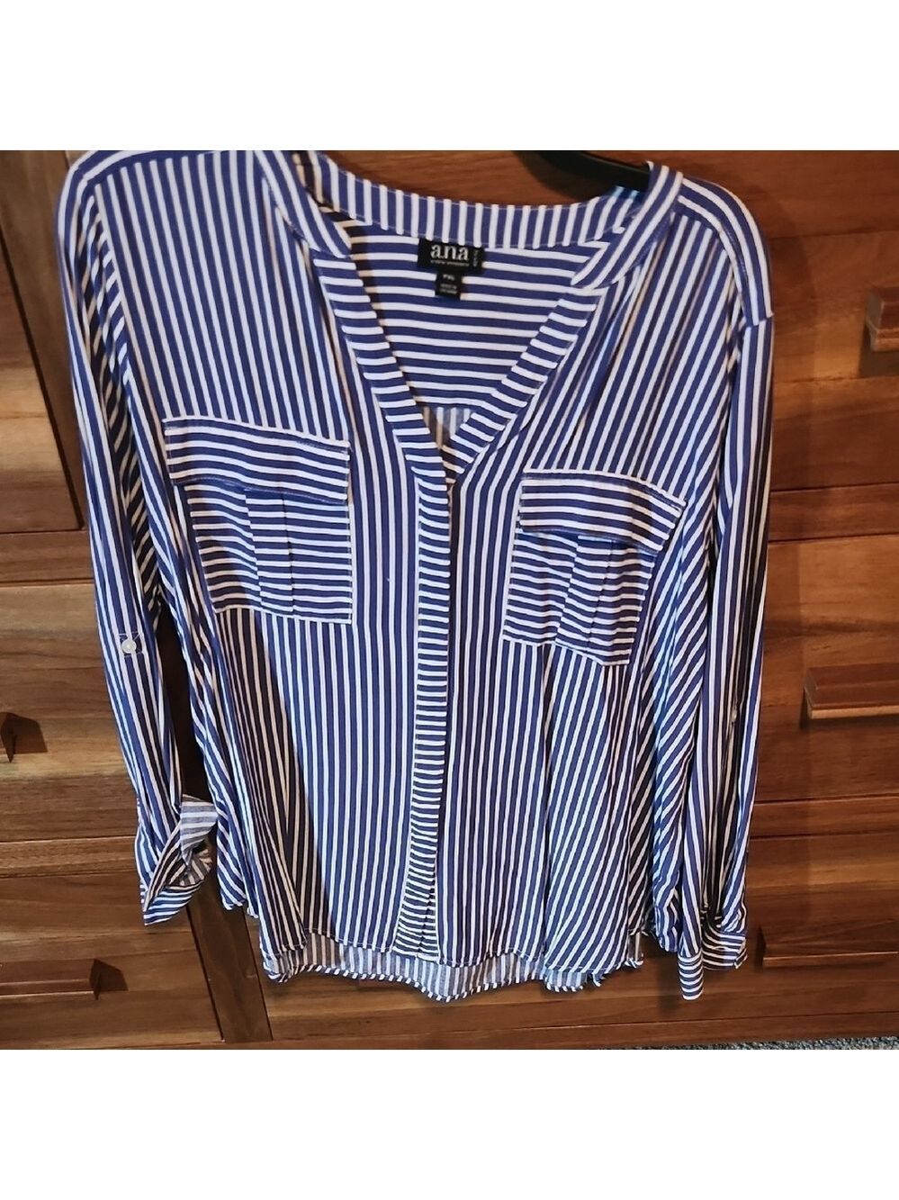 a.n.a Blue and White 3/4 Sleeve Notched Collar Lightweight Buttonup StripeBlouse